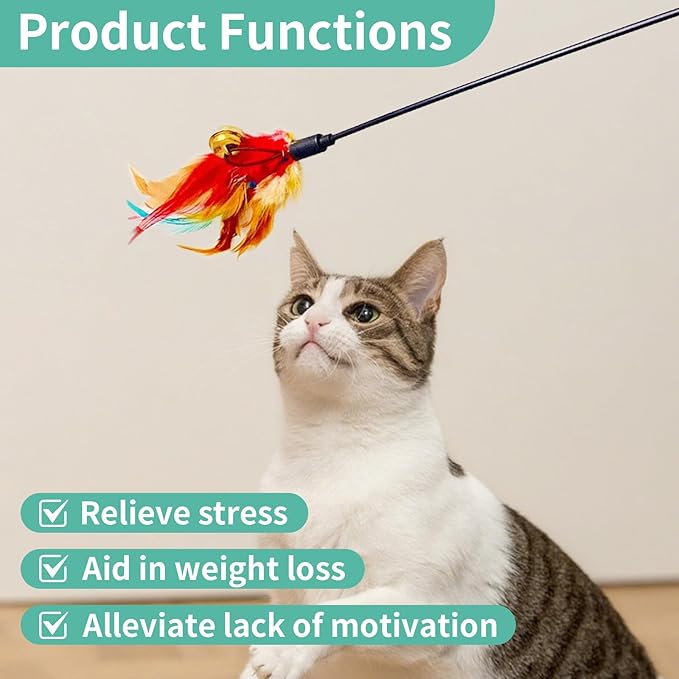 Cat Feather Toys, Cat Toy with Elastic Turkey Feathers, Interactive Teaser Wand with Bell, Durable Flexible Rod for Playful Kittens and Cats, Indoor Entertainment for Pets (1 Sets)