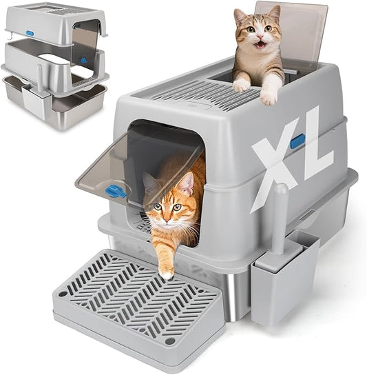 Nobleza Stainless Steel Cat Litter Box Extra Large Open-Top Enclosed Design Metal Litter Pan, Indoor Litter Tray, Non Stick, No Smell, Easy to Clean, Pet Toilet Supplies for Kitten, Kitty, Rabbit
