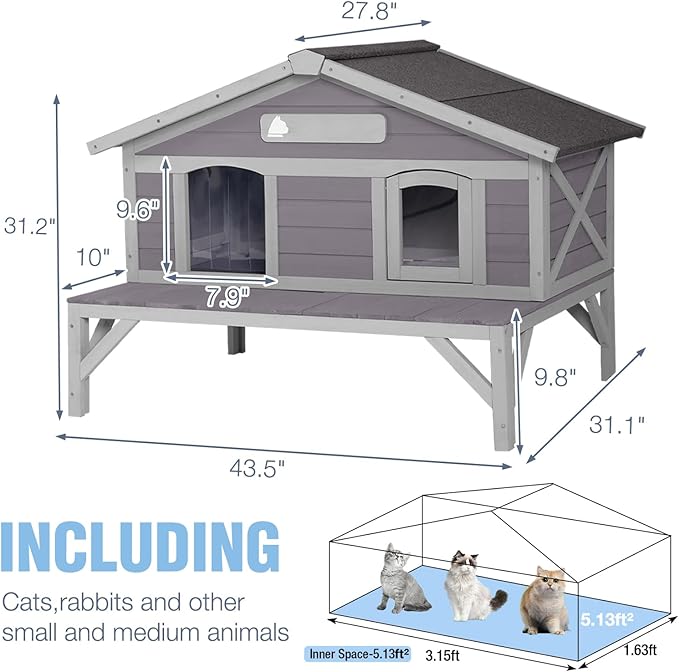 Insulated Outdoor Cat House with Balcony Weatherproof Kitty Shelter with Insulated Liner Large Feral Cat Shelter with Escape Door