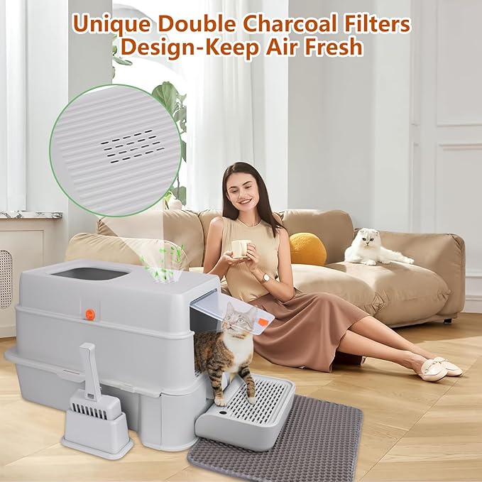 Enclosed Stainless Steel Cat Litter Boxes,Top Entry Large Foldable Litter Box with Lid,Hooded Covered Stainless Steel Cat Litter Box,Easy Cleaning,No Urine Leakage,Deeper Pan,with Litter Mat