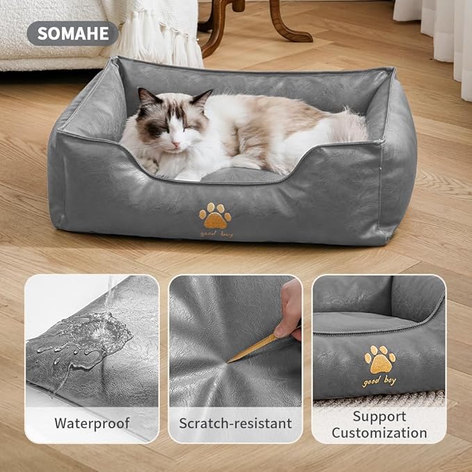 Premium Leather Cat Bed for Indoor Cats Premium Small Dog Bed Pet Nest with Anti-Slip Base Ultra Soft Texture for Comfortable Rest 24 × 18 × 9 inch Grey