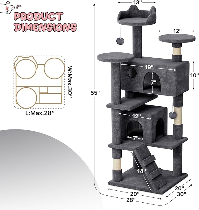 MoNiBloom 54 Inch Cat Tree Tower for Indoor Cats Large Adults, Cat Tower with Scratching Post, Multi-Level Furniture Activity Center with Cat Condo Pet Play House, Smoky Grey