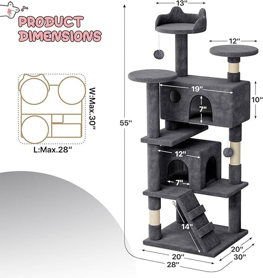 MoNiBloom 54 Inch Cat Tree Tower for Indoor Cats Large Adults, Cat Tower with Scratching Post, Multi-Level Furniture Activity Center with Cat Condo Pet Play House, Smoky Grey