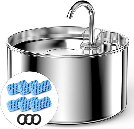 AOOGITF Cat Water Fountain + 6 Filters + 3 Sponges, 304 Stainless Steel Pet Water Fountain, 24 Hours Keep The Water Clean, 74oz Capacity, Ultra-Quiet, No Sputter, Compact, Easy Cleaning
