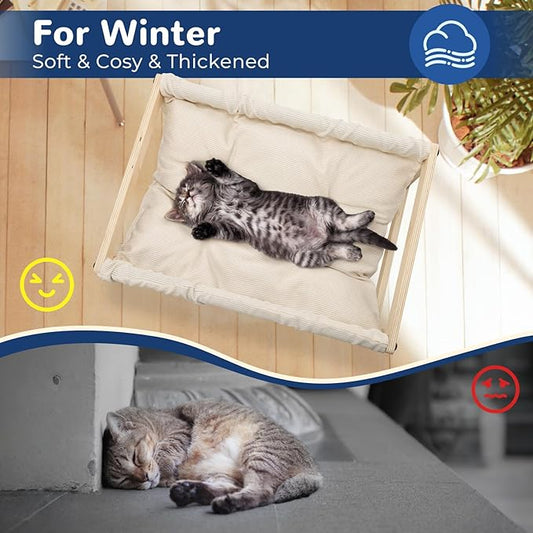 Cat Bed with Removable Washable Cushion, 9.5" Elevated Wooden Cat Hammock Bed, 360° Visibility Dog/Cat Cot with Cozy Winter Pads for Kitty, Puppy, Rabbit and All Pets