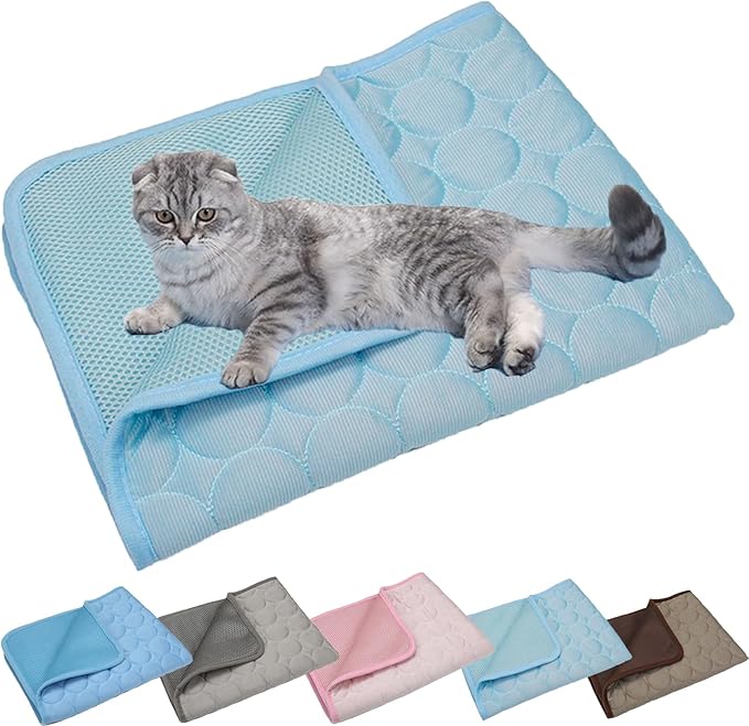 Kittra Cooling Mat for Cats Dogs, 3 Layer System Instant Cool Non Slip Kittra Pad, Washable Cooling Bed for Cats, Protect Your Cat from Silent Heat Danger (Light Blue,M: 25" x 20")