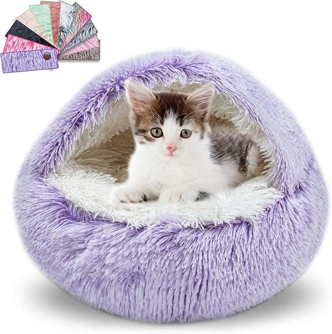 Cat Beds for Indoor Cats,Cat Cave for Puppy and Kitty,Calming Small Dog Bed for Small Dogs with Cover Cave,Cozy Warming Fluffy Washable Anti-Slip Pet Sleeping Bag(20 * 20inch,Purple)