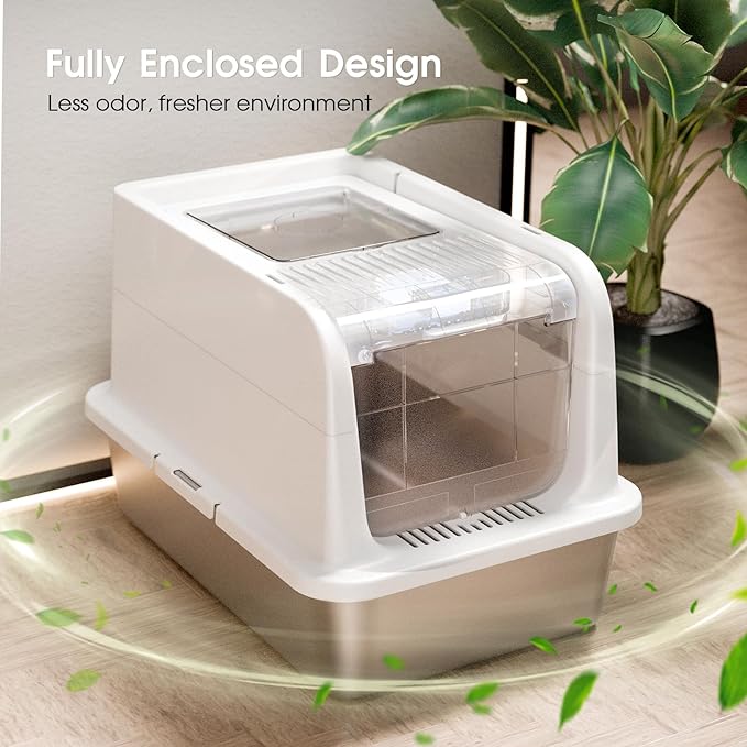 COURPAL® Stainless Steel Cat Litter Box with Lid - XL Large Enclosed/Open Litter Box with Anti Leakage Enclosure - Odor Free Hooded Litter Tray - Metal Covered Litter Pan Non-Stick Easy to Clean