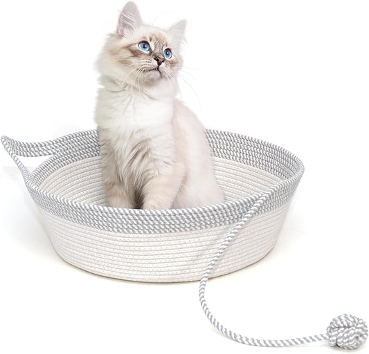 Cotton Rope Woven Cat Bed Basket, Hand Woven with Toy Tail, Small Dogs & Puppies Sleeping Bed, Indoor Cat & Rabbit Basket (Large, Gray & White)