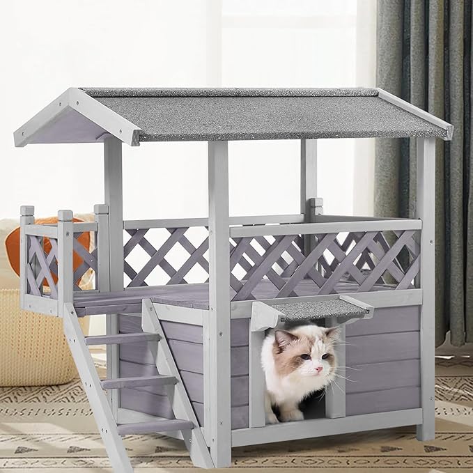 GUTINNEEN Cat House Outdoor Indoor, Weatherproof Outside Feral Cat Shelter,2-Level Wooden Kitten House with Stairs, Waterproof Roof and Balcony