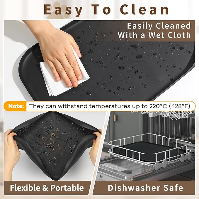 Silicone Pet Feeding Mat with Raised Edge & Residue Collection Pocket for Food and Water, Dog Bowl Mats, Cat Bowls Placemat with High Lip for Floor Waterproof, 22 x 14 x 0.8 Black