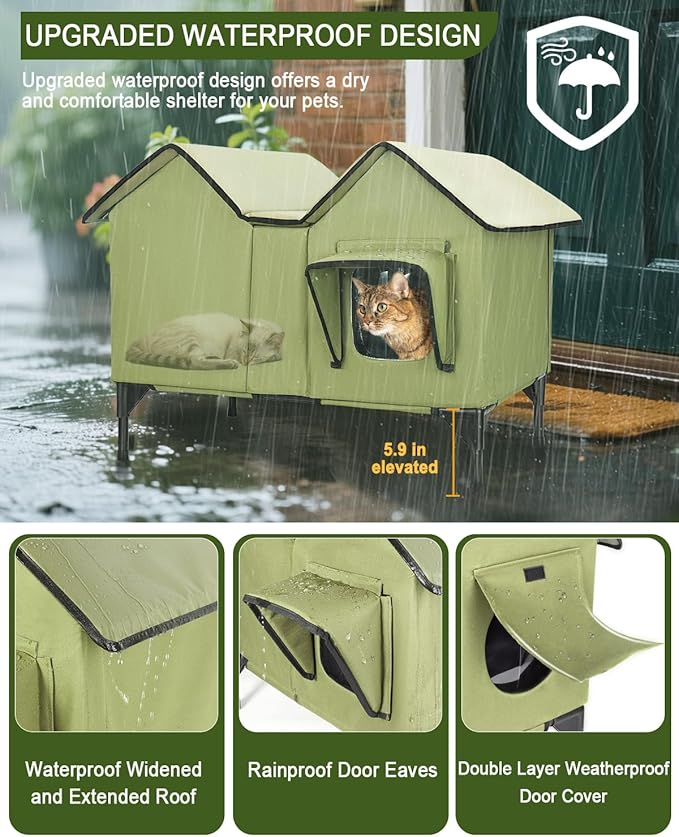 Extra Wide Large Heated Cat House for Outside, Elevated Waterproof Outdoor Cat House Weatherproof for Winter, Insulated Outdoor Cat Shelter with Escape Doors and Heating Pad for Multiple Cats, Green