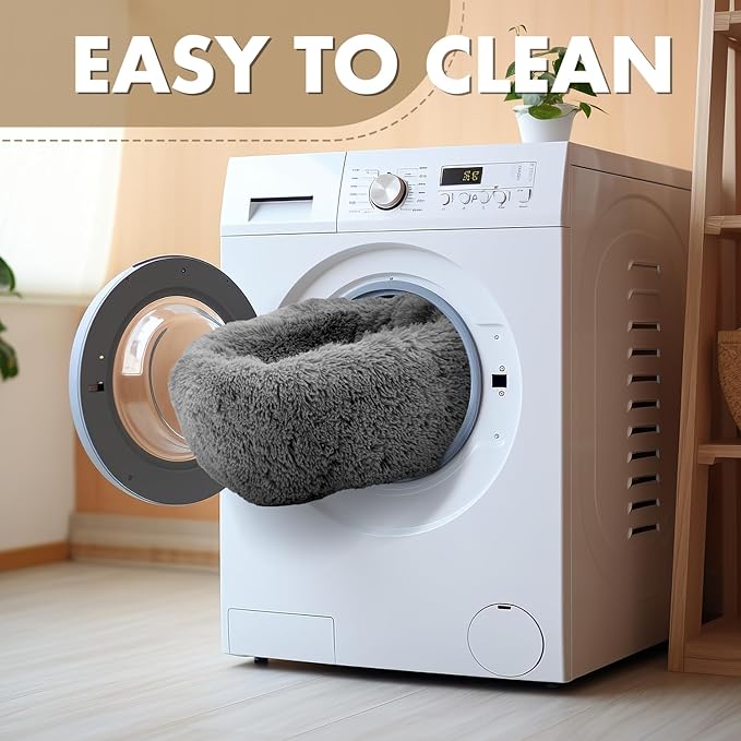 Athena Collection Washable Small Dog Bed, Cat Bed for Indoor Cats, 24 Inches Fluffy Faux Fur Round Pet Bed Calming Cozy Soft Warming Donut for Small Dog Puppy Kitten, Grey