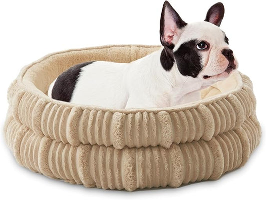 Dog Beds for Small Dogs, Puppy Kennel Bed - Round Cat Beds for Indoor Cats,Comfy Durable Pet Sleeping Bed, Washable Deluxe Plush Kitten Bed & Non-Slip Bottom, Beige 24" L x 24" W x 9" Th