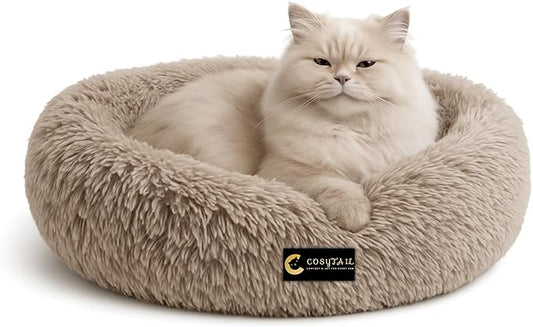 Anti-Anxiety Donut Pet Bed, Round Plush Faux Fur, Washable, Small to Medium Dogs and Cats (Brown, Large)