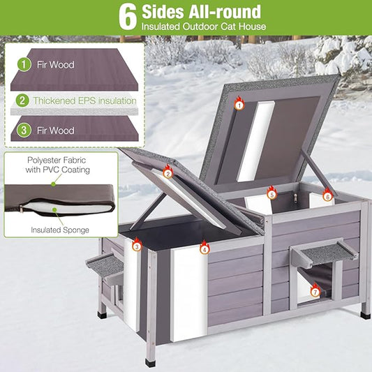 GUTINNEEN Large Outdoor Cat House Insulated, Weatherproof Cat Shelter with Detachable Insulation Liner, Wooden Elevated Kitty Condo for Stray Cats, 39.1" L x 18.5" W x 19.1" H (Grey)