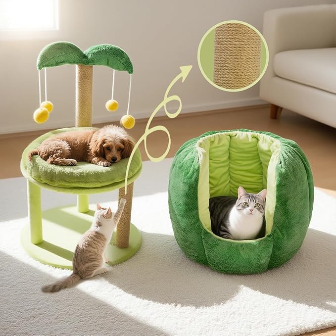 Cat Houses for Indoor Cats, Small Cat Tree with Sisal Ropes and Plush Perch, Cute Cat Bed Cave with Soft Pillow, Coconut Palm Design