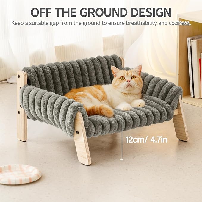 MEWOOFUN Cat Couch Bed, Pet Sofa for Indoor Cats Wooden Indoor Elevated Cat Beds with Removable Mattress Cover Suitable for Kitty, Puppy or Small Animal (Dark Grey, Medium)