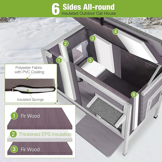 GUTINNEEN Outdoor Cat House Insulated, Weatherproof Feral Cat Shelter with Insulation Liner for Winter, Wooden Elevated Cat Condo for 1-3 Cats, 33.5" L x 21.7" W x 27.2" H (Grey)