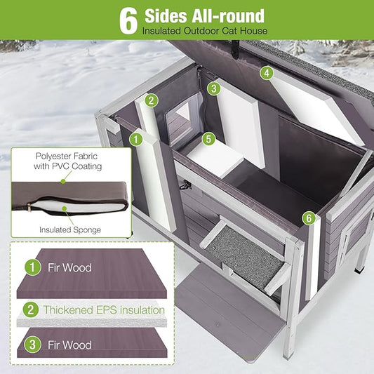 GUTINNEEN Outdoor Cat House Insulated, Weatherproof Feral Cat Shelter with Insulation Liner for Winter, Wooden Elevated Cat Condo for 1-3 Cats, 33.5" L x 21.7" W x 27.2" H (Grey)