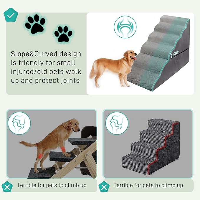 Dog Steps for Beds 30 inches Tall, 35D High Density Foam Dog Stairs for High Bed 28-30 inches, Non-Slip Bottom 6-Step Dogs Ramp/Ladder Pet Steps for Small Elder Dogs/Cats, Grey