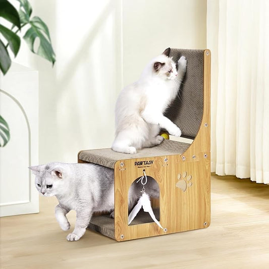 Cat Scratcher Pad for Indoor Cats, Cardboard Scratching Post Cat Scratch & Hideout with Box and Toy, Vertical Kitten Scratching Board House, Ideal for Cat to Scratch, Rest and Play