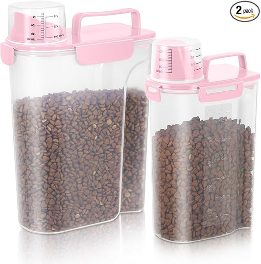Dog Food Storage Container, Upgraded Large Nozzle BPA-free, 8-12 LBS Plastic Pet Food Storage Containers, With 4 Sealed Clasps, 1 Measuring Cup and Handle (2, Light Pink (3L+5L), (3L+5L))