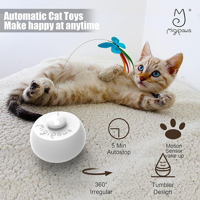 Migipaws Interactive Cat Toys, Butterfly & Feather Kitten Toy,Automatic Spinning Ball for Indoor Bored Cats,Self Play Intelligent Touch Senser, 3 Replacements