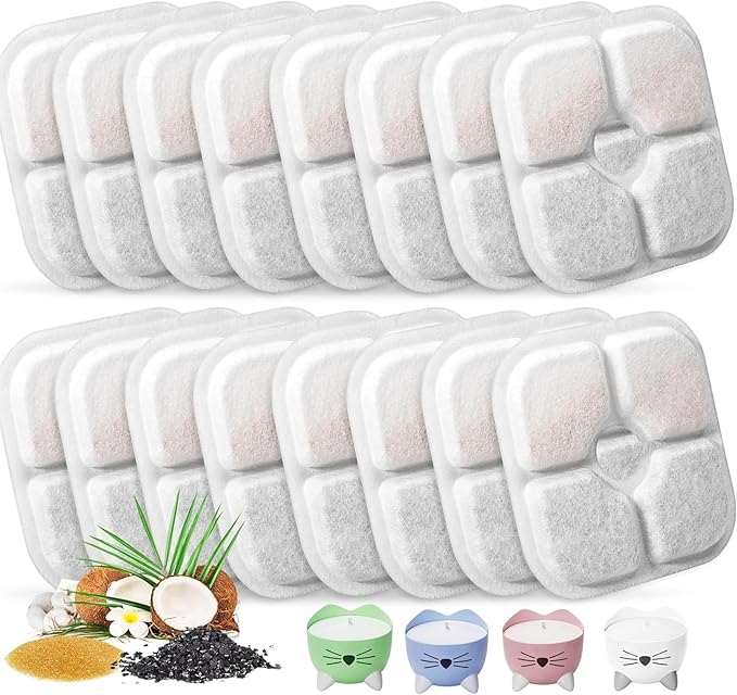 Cat Water Fountain Replacement Filters Fit for 2.5L Fountain with Whiskers Pattern Triple Action Water Pet Cat Drinking Fountain Filter Pack of 16