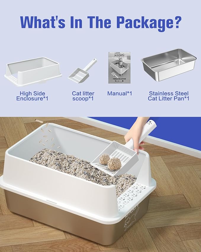 2PACK Stainless Steel Litter Box, Metal Litter Boxes with Lid High Sides, XL Extra Large Litter Box for Big Cats, Never Absorbs Odors, Leak-Proof, Stain-Free, Easy to Clean, Scoop Included（White）