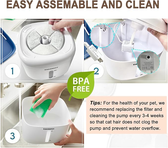 Stainless Steel Lid Cat Water Fountain 74Oz/2.2L for Drinking - Pet Fountain for Small Animal - Dogs Waterer Bowls Indoor