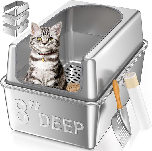 XXL All Stainless Steel Sifting Litter Box with Lid,Sifting Cat Litter Box for Wood Pine Pellets,High Sides Sifter Litter Pan System,Odor Control,Easy to Clean,with Liners and Scoop