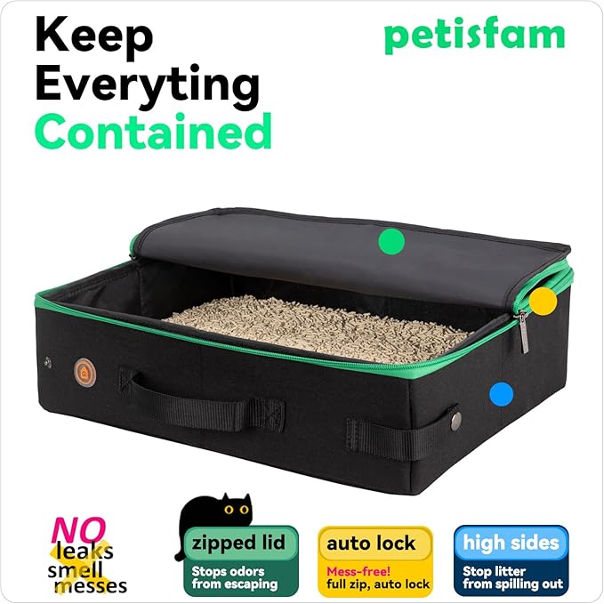 petisfam Portable Travel Litter Box for Cats with Lid to Contain Litter and Odor. Easy to Carry, Clean and Store. Easy for Car Travel, Hotle Stays, Flying with Cats