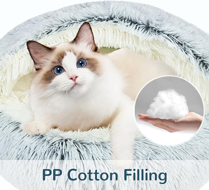 Round Plush Hooded Cat Bed, Fluffy Cozy Anti-Anxiety Dog Cave Beds for Puppy and Kitten, Gifts for Pet Lovers(20×20 inch, Grey)