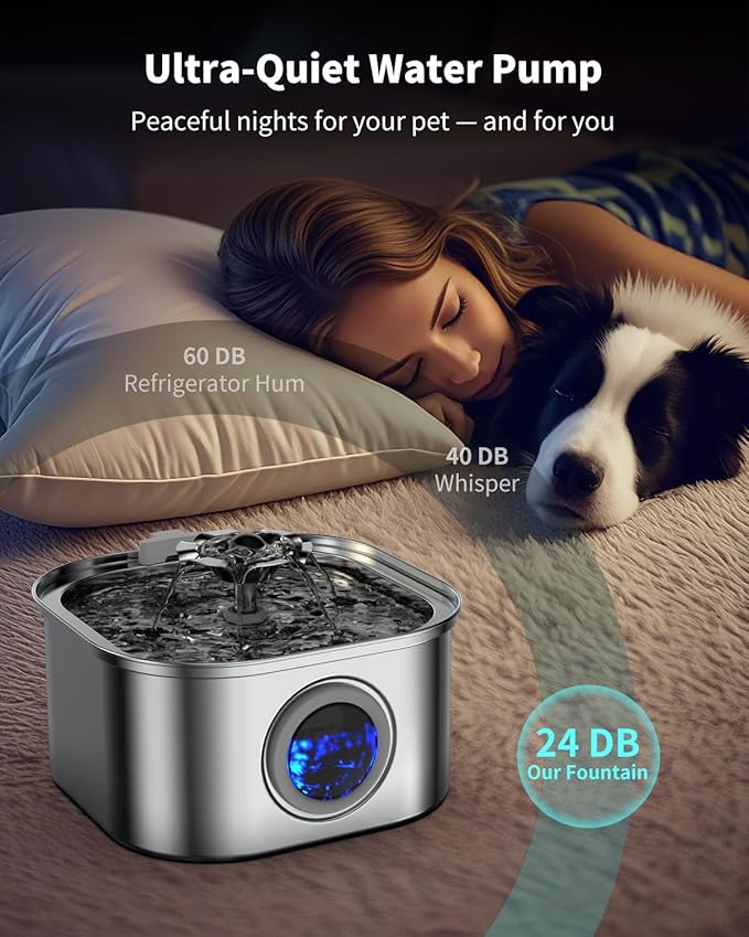 Cat Water Fountain Stainless Steel, 3.2L/108oz Cat Fountain with Large Water Level Window, Pet Water Dispenser with Quiet Pump Ideal for Cats, Dogs and Multi-pet Household