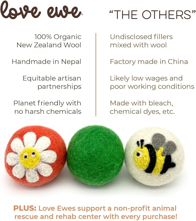 Hustle & Blush Wool Felt Balls 3 Pack Love Ewe Pet Supplies - 2in Cat Toys 100% New Zealand Wool, Handmade Colorful Balls for Cats - Flower and Bee