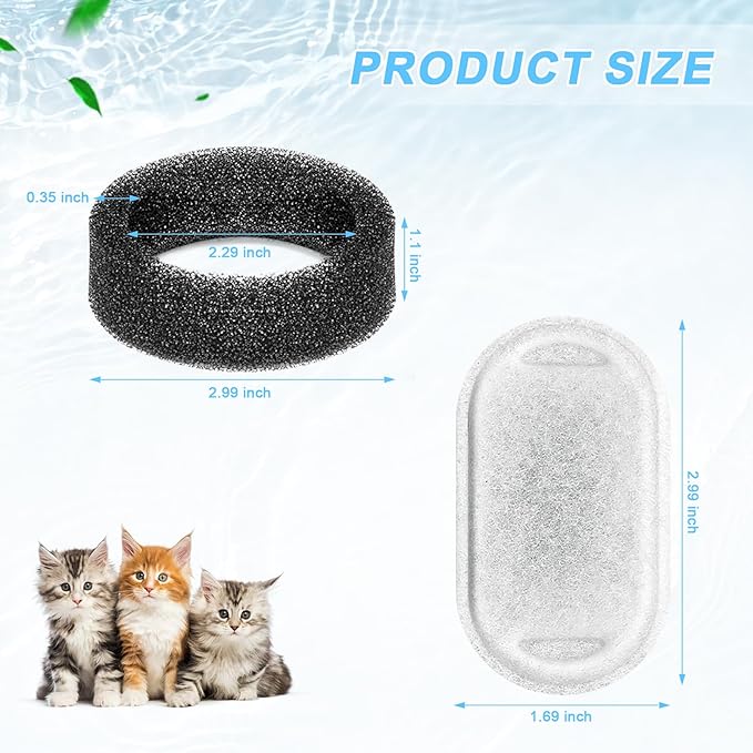 Cat Water Fountain Filters Replacement, 16 Pcs Pet Water Fountain Filter with 16 Pcs Foam Sponges for 67oz/2L & 108oz/3.2L Stainless Steel Pet Cat Water Fountain Dispenser Filters