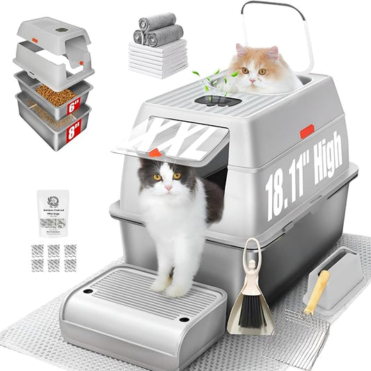 XXL Stainless Steel Sifting Litter Box with Lid, Fully Enclosed 8" Deep Metal Cat Litter Box, Leak-Proof, for Pine Pellets or Clumping Litter, for Large & Multi-Cats, with Litter Mat & Scooper & Brush