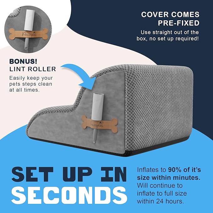 PAWZY Foam Pet Stairs for Bed, Couch or Window PREFIXED Cover - Wide Dog Steps for Bed, Waterproof, Non-Slip Base - 2 Tier Ramp, 12'' Height, Stairs for Small Dogs, Puppies, Cats -(Gray, 2 Step, 1)