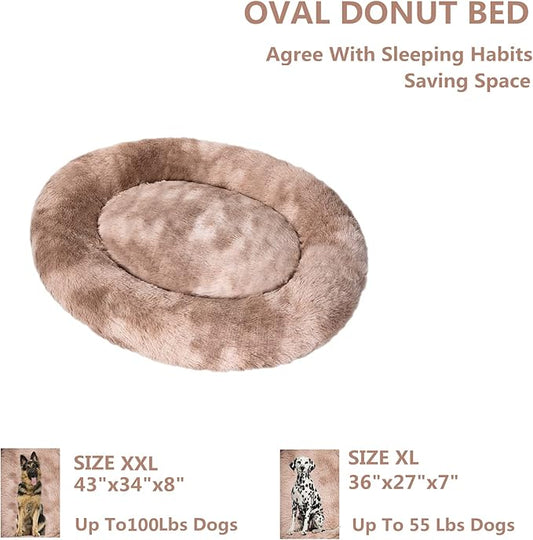 Coohom Oval Calming Donut Cuddler Dog Bed,Shag Faux Fur Cat Bed Washable Round Pillow Pet Bed(30"/36") for Small Medium Dogs (XXL(43"x34"x8"), Beige2021)