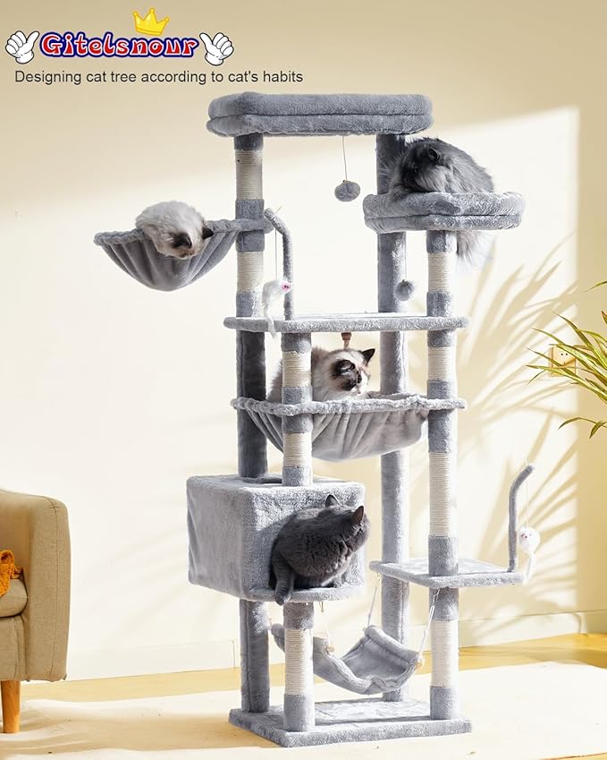 Cat Tree, Cat Tower for Large Cats with 2 Big Platforms, 2 Baskets, condo and Toys, 63" Cat Scratching Posts for Indoor Cats, Light Gray GCT020W