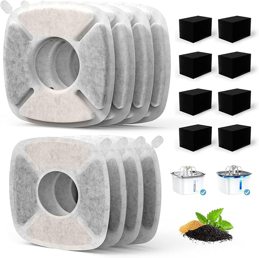 8 Pack Cat Water Fountain Filter Compatible with 67/95/135/85oz Automatic Pet Dispenser, Triple Filtration Dog Fountain Filter (8 Carbon Filters+8 Sponge Filters)