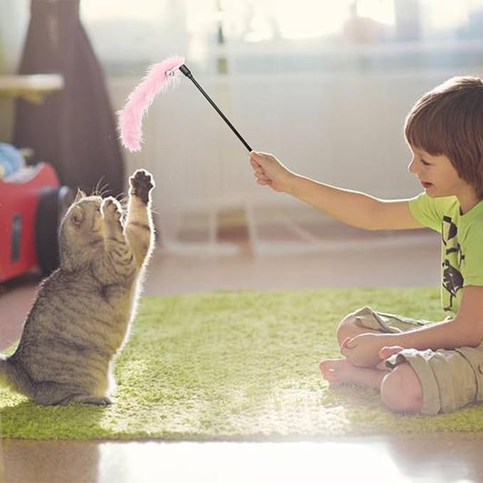 Hypeety Interactive Cat Toys Feather Wand Teaser Cat Wand Feather Rod with Bells for Indoor Cat Kitten Fun Interactive Toys 2pcs (Random Color)
