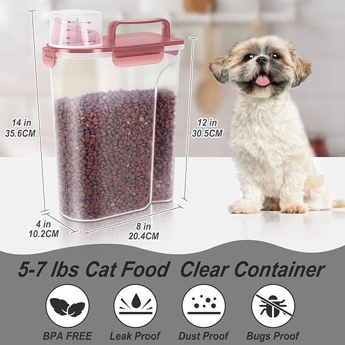 5-7Lbs Dog Cat Food Storage Container with Upgraded Large Nozzle BPA-free, 4 Snap Seals Plastic Pet Food Storage Containers with Handles (1, Clear Pink, 5L)
