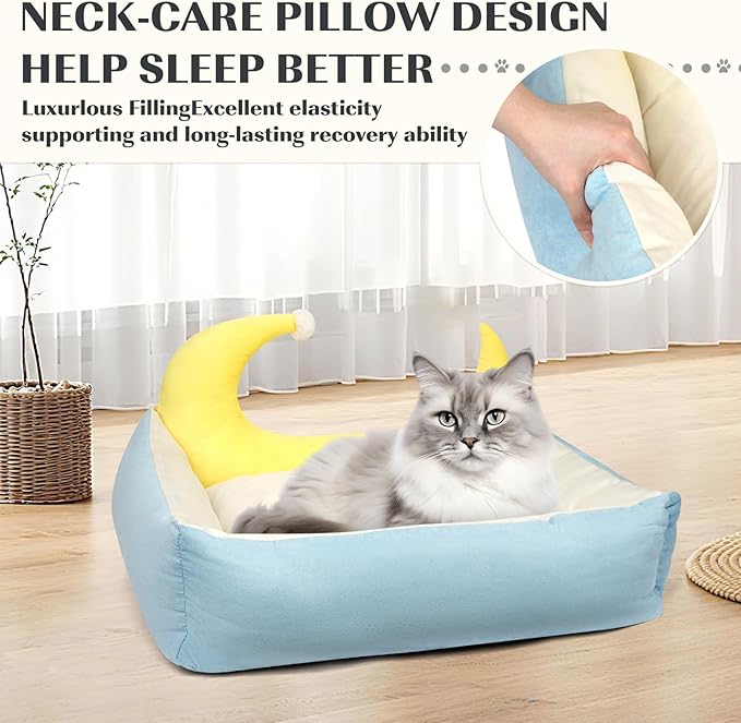 RAIN QUEEN Cat Bed, Cat Beds for Indoor Cats Washable, Orthopedic Fluffy Calming Sleeping Super Soft Plush Pet Bed for Dog and Cat with Anti-Slip Bottom (25.6" x 22.8" x 7.1")