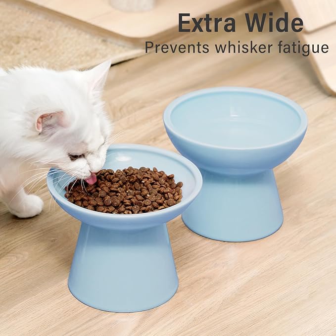 2 Elevated Ceramic Cat Bowls Extra Wide for Food & Water – Whisker Fatigue Shallow Food Dish, Lead & Cadmium-Free, Raised Height for Cats, Blue
