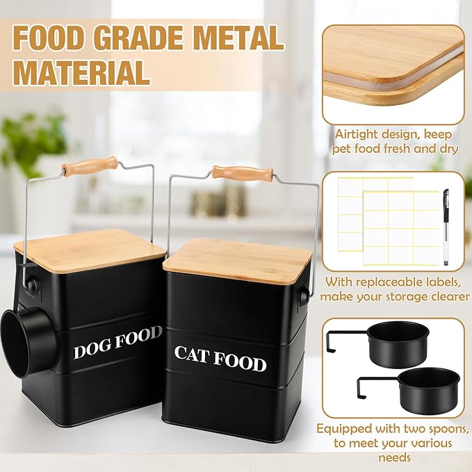 Tioncy 2 Pcs Metal Dog and Cat Food Storage Containers Big Pet Food Containers with Bamboo Lids and Spoon Airtight 5-7 Lbs Dog Cat Treat Snack Jars with DIY Labels for Kitchen Counter(Black)