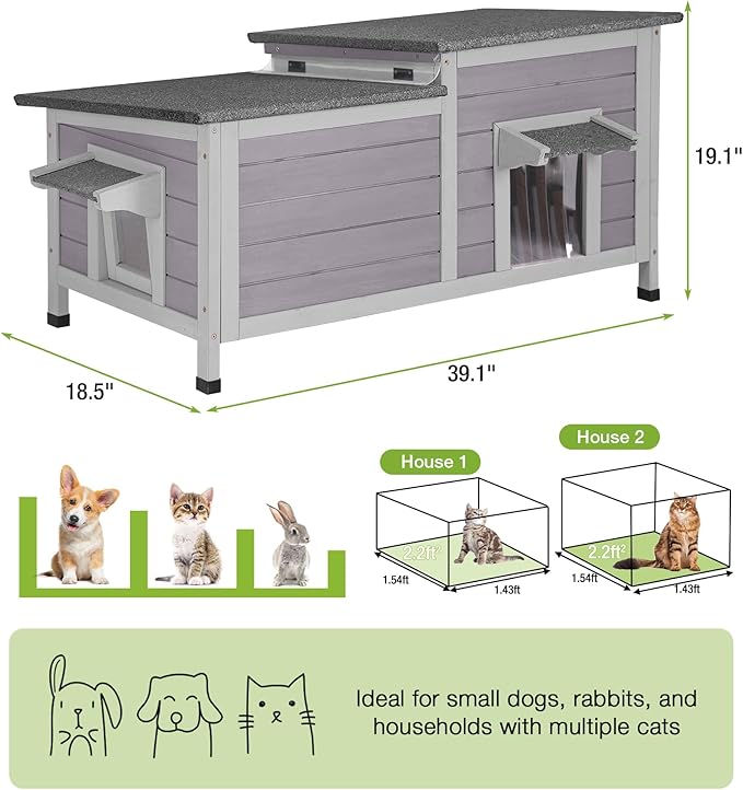 GUTINNEEN Outdoor Cat House Weatherproof, Large Cat Shelter with Openable Roofs, Feral Kitty Shelter with Elevated Base, PVC Curtain