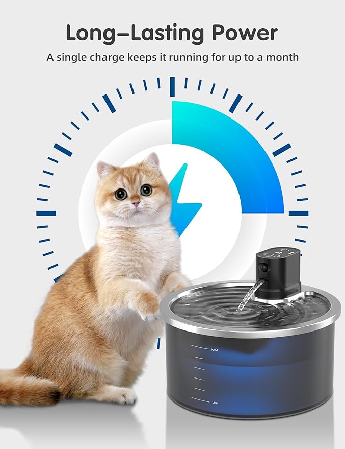 Stainless Steel Wireless Cat Water Fountain 3.2L/108oz Automatic Cat Water Dispenser 4000mAh Battery Operated Large Capacity Pet Water Fountains for Cats Dogs (Black Classic)
