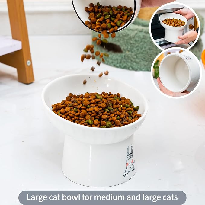 6.5 Inch Extra Wide Ceramic Raised Cat Bowl Set, Tilted Elevated Cat Bowls for Food and Water, Prevent Whisker Fatigue, Stress Free, Less Vomiting, Protect Spine, Lead & Cadmium Free, White & Orange